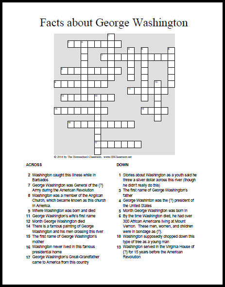 George Washington Crossword Puzzle Printable