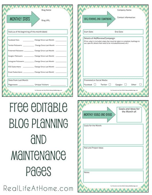 Free editable printable PDF pages for blog planning, tracking site stats, and keeping track of ad campaigns and reviews. | RealLifeAtHome.com