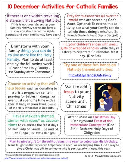 10 December Activities for Catholic Families Printable
