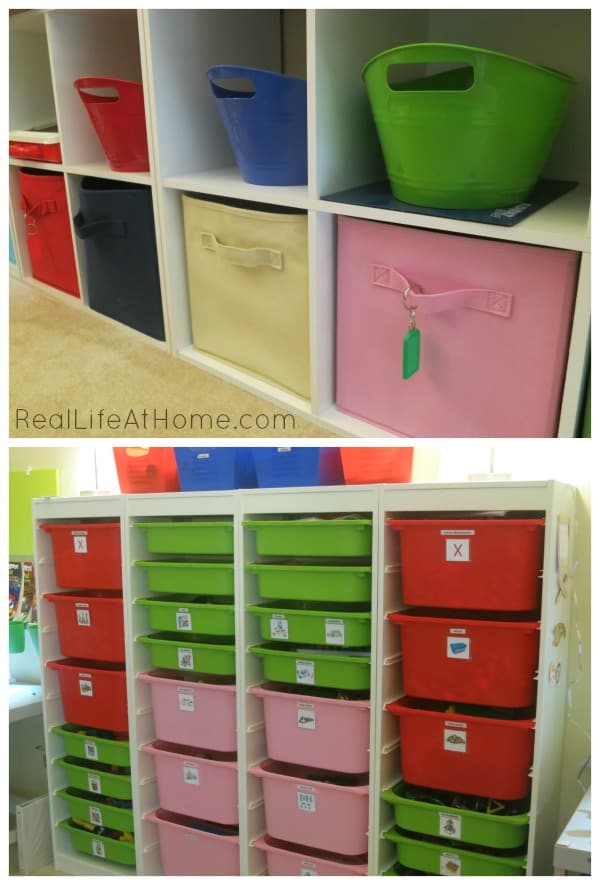 use bins to make manipulatives and school supplies more portable