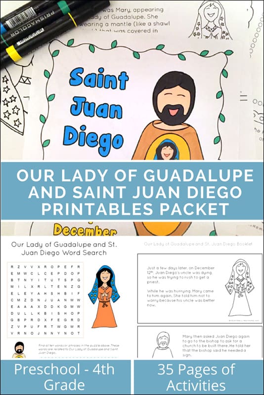Perfect for Catholic kids, this packet is full of 35 pages of worksheets and activities about Our Lady of Guadalupe and Saint Juan Diego. Click through to learn more!