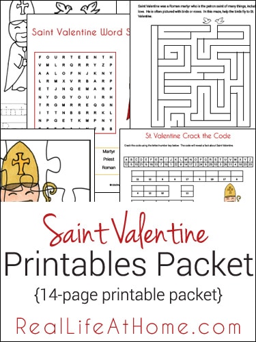 Saint Valentine themed free 14-page printables and worksheets packet from RealLifeAtHome.com