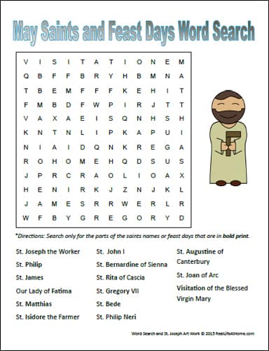 Free word search printable featuring May saints and feast days perfect for Catholic kids. Use as a standalone activity or try the suggested follow up activities as well. | RealLifeAtHome.com