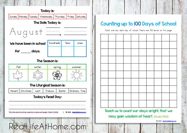 Daily Learning Page and 100 Days Chart from Daily Learning Notebook and Calendar Printables Packet
