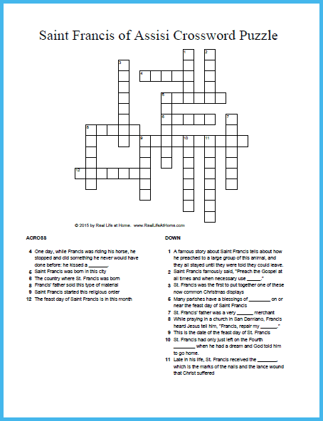 Saint Francis of Assisi Crossword Puzzle Free Printable