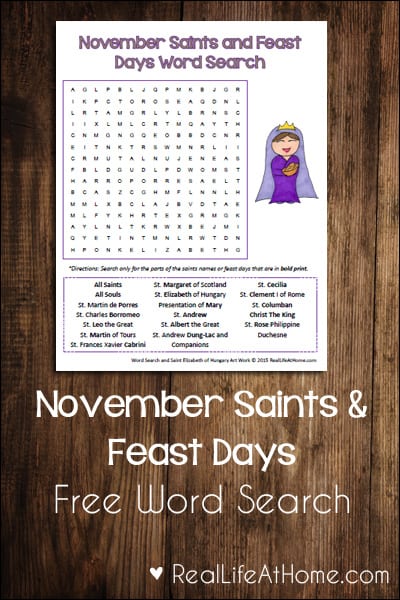 November Saints and Feast Days Free Word Search Printable