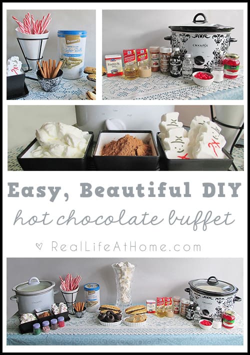 Looking for a creative addition to your next winter time party? A hot cocoa bar might be just what you're looking for! Creating your own easy, beautiful DIY hot chocolate buffet is easier than you think! Whip one up in no time with these simple instructions. #HotChocolateBuffet #HotCocoaBar | Real Life at Home