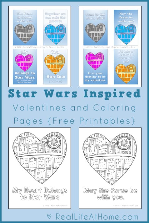 Free printable Star Wars Valentines (which can also be used as lunch box notes) and Star Wars Inspired coloring pages