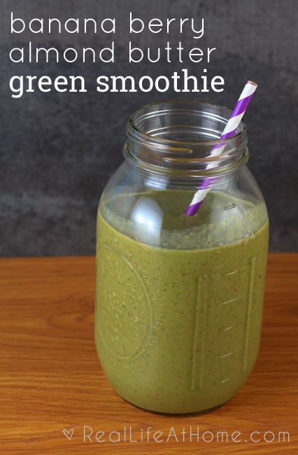 This is so delicious! Banana Berry Almond Butter Green Smoothie Recipe