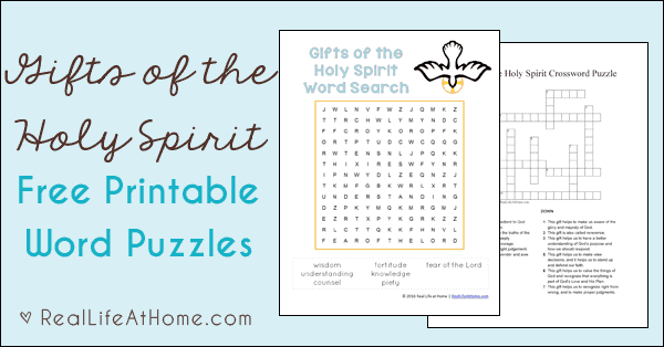 Learning about the Seven Gifts of the Holy Spirit? This free printables set features a Gifts of the Holy Spirit crossword puzzle and word search.