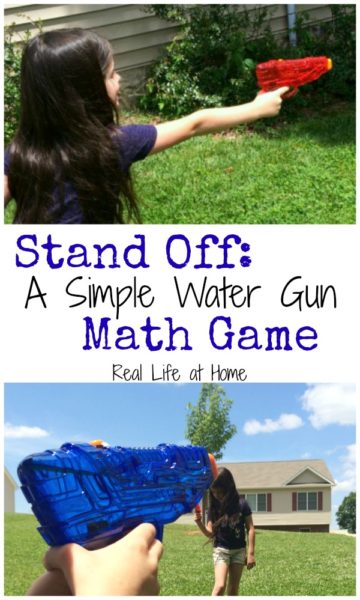 This simple and low prep water gun math game is a fun chance for your kids to get outside, enjoy the sun, play with water guns, and review their math facts at the same time!