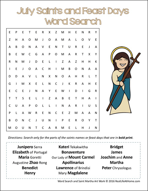 Looking for a fun, low key activity to learn about Catholic saints and feast days in July? This free printable July Saints and Feast Days Word Search is a perfect easy activity!