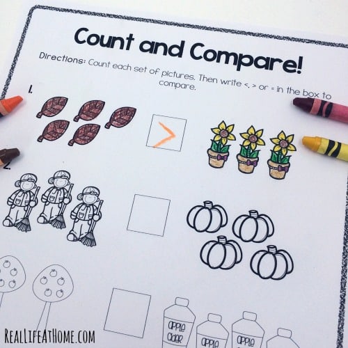 Grab this cute set fun math fall worksheets for first grade and kindergarten! This set covers counting, comparing and adding numbers within 10. Plus, all pages are black and white for easy printing!