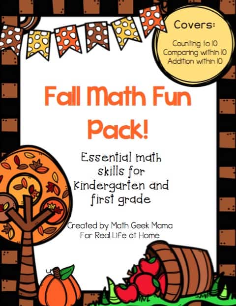 Grab this cute set fun math fall worksheets for first grade and kindergarten! This set covers counting, comparing and adding numbers within 10. Plus, all pages are black and white for easy printing! | Real Life at Home