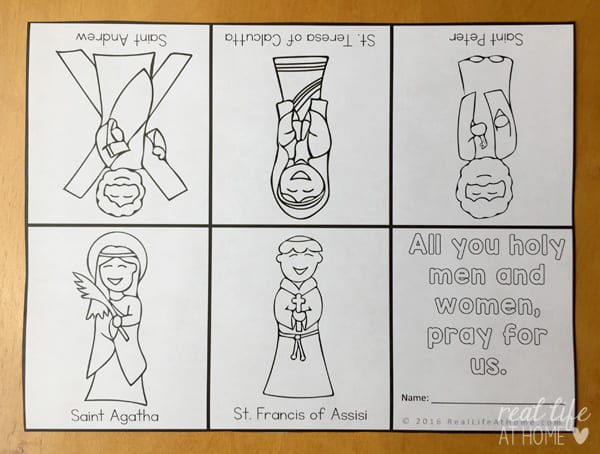 All Saints' Day coloring page cut out to become an All Saints' Day mini book with some simple folding | Real Life at Home