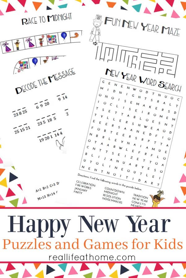 Looking for New Year's activities for a New Year's Eve party or just to enjoy with your kids on New Year's Day? This New Year's Games and Puzzles Printables Packet is free to download and includes lots of fun activities and games for kids. | Real Life at Home