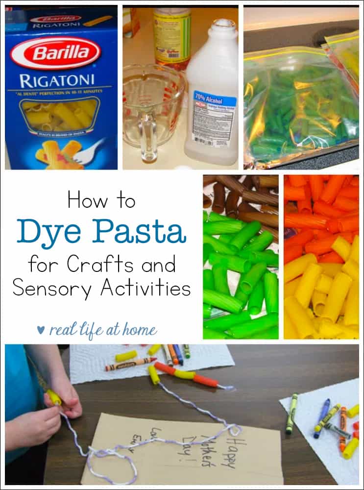 a step by step tutorial (with pictures) of how to dye pasta for pasta crafts and sensory activities to use with kids for some easy and inexpensive fun and learning. | Real Life at Home