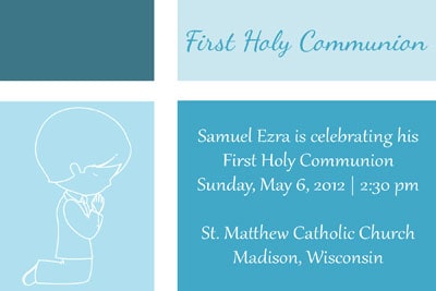 First Communion Invitation in Color Blocked Blue with First Communion Boy