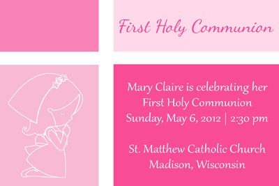 Pink Color Blocked First Communion Invitation with First Communion Girl
