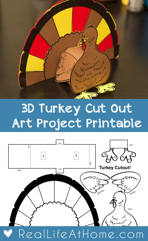 Søger du efter et sjovt, børnevenligt Thanksgiving-projekt? Download vores GRATIS 3D-kalkunudskæring til dine børn! Følg også vores enkle trin for trin-vejledning om, hvordan du sætter det hele sammen. | Real Life at Home