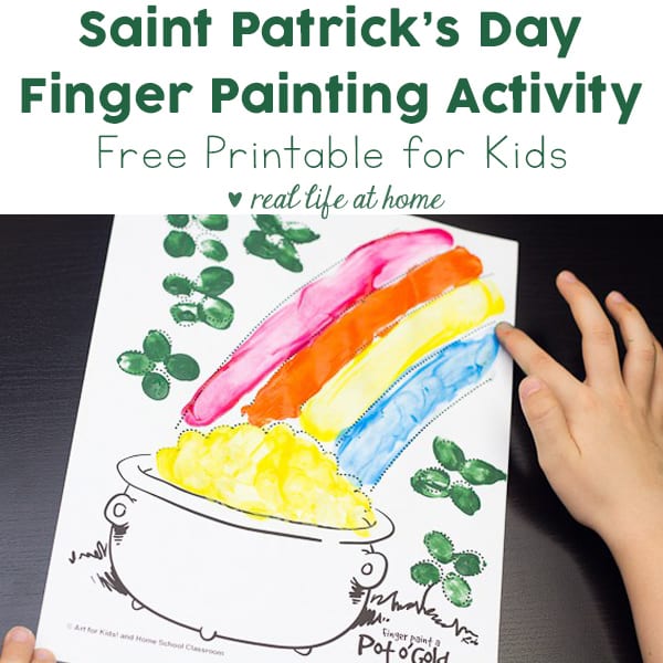 Fun Saint Patrick's Day finger painting activity for your kids (and you). Finger paint a pot of gold! Download the free Saint Patrick's Day coloring page and be sure to print an extra for yourself.