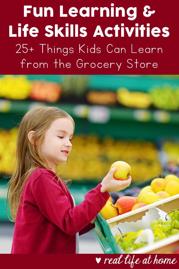 Fun grocery store learning activities and opportunities for kids while shopping at the grocery store, as well as things you can do at home to further your grocery store learning. Excellent for real world learning and life skills training for children.