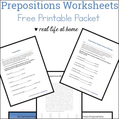 Prepositions Worksheets Printable Packet - free eight page preposition printables packet for elementary students just becoming more familiar with prepositions up to middle school students needing a prepositions refresher course
