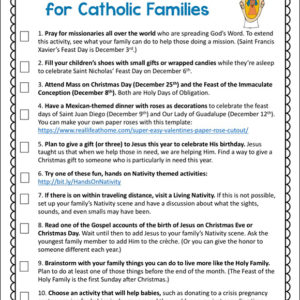 Strengthen your family's faith life with this free printable featuring ten ideas for activities for Catholic families in December. | Real Life at Home #CatholicKids #CatholicFamilies #CatholicActivities