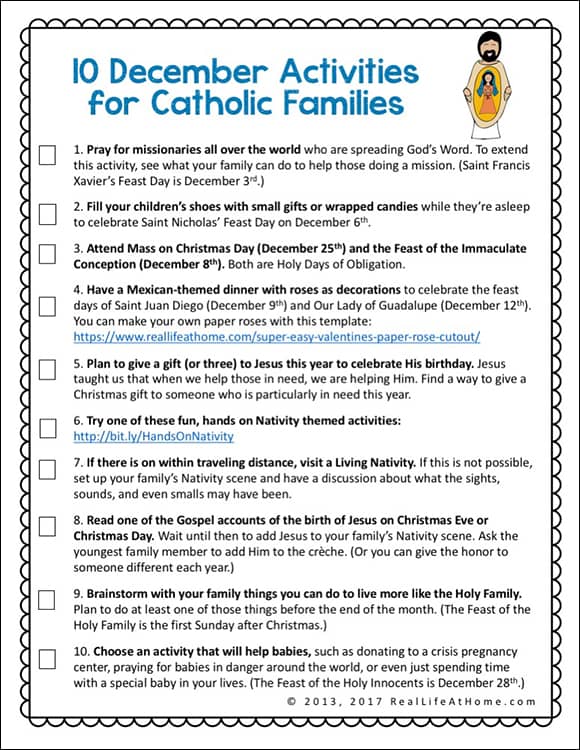 Strengthen your family's faith life with this free printable featuring ten ideas for activities for Catholic families in December. | Real Life at Home #CatholicKids #CatholicFamilies #CatholicActivities