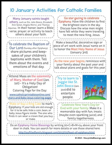 10 Activities for Catholic Families in January Printable Page