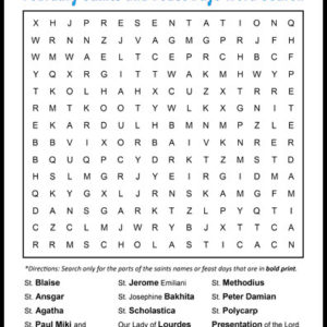 February Saints and Feast Days Word Search