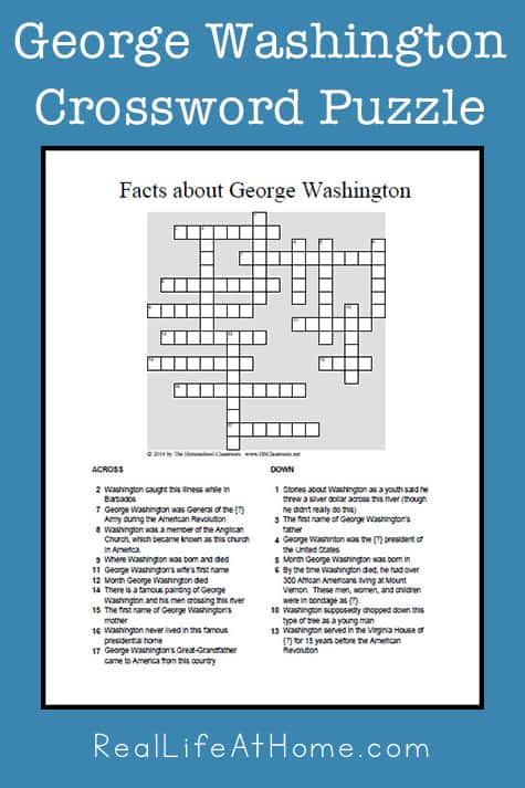 George Washington Crossword Puzzle Printable for Kids and Teens 