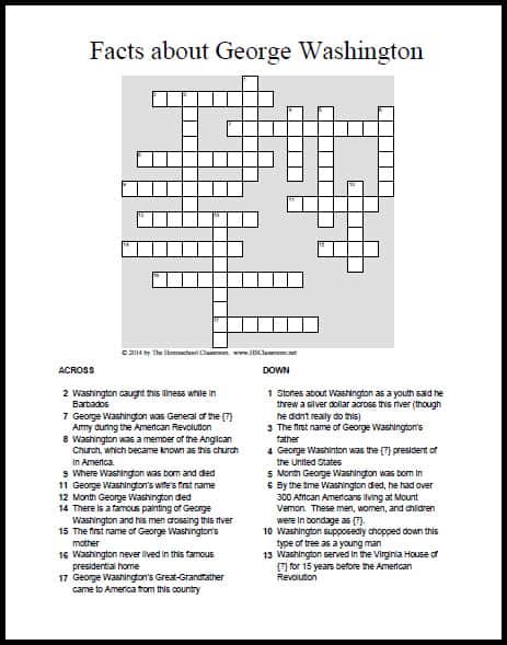 George Washington Crossword Puzzle Free Printable