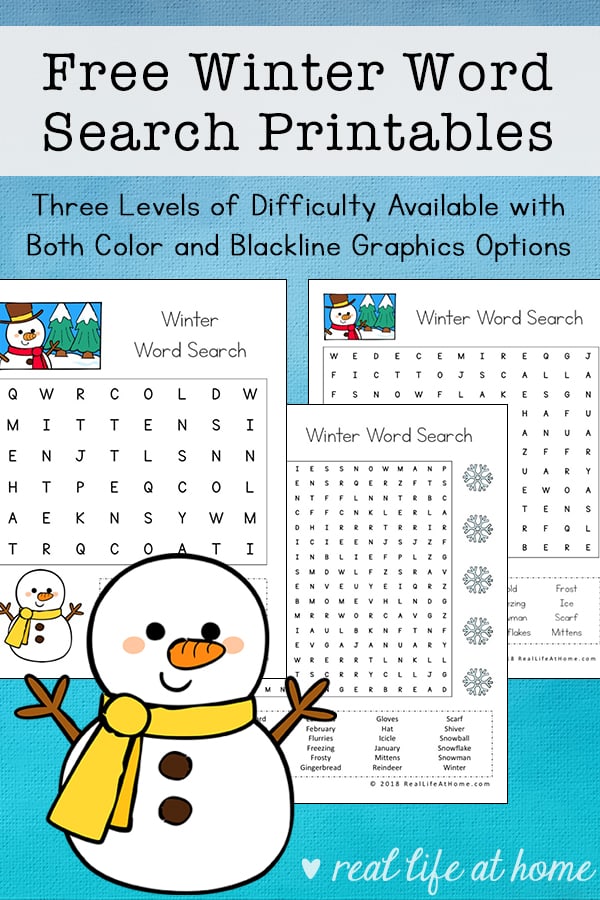 Free Winter Word Search Printable Set for Kids (with three levels of difficulty) | Real Life at Home