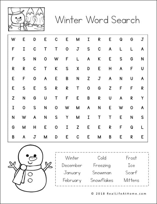 Winter Word Search Printable (includes three versions of difficulty) - Free on Real Life at Home