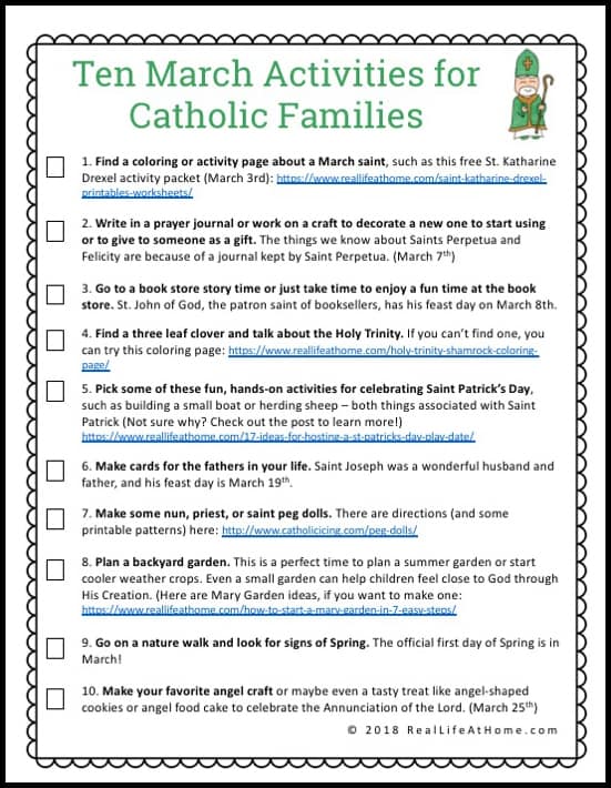 A free printable with 10 March activities for Catholic families to do together throughout the month in order to promote family togetherness and grow in faith. 