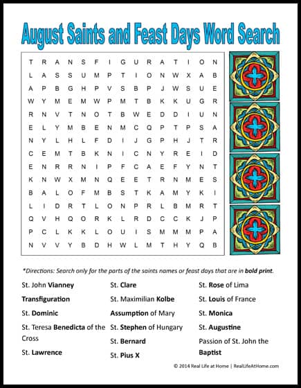 August Saints and Feast Days Word Search Printable