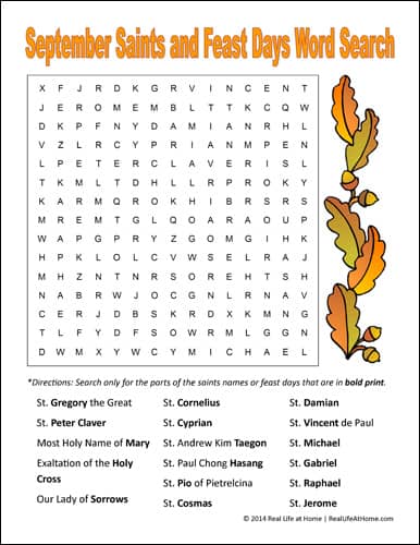 September Saints and Feast Days Word Search Printable