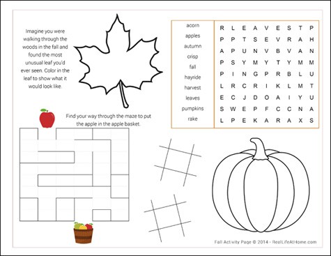 Free Fall Activity Page / Placemat Printable | RealLifeAtHome.com