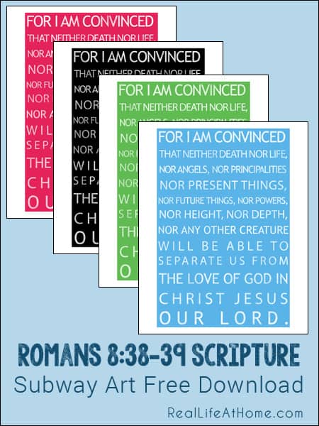 Romans 8:28-29 Scripture Subway Art Free Printable in Four Colors