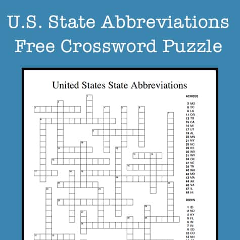 U.S. State Abbreviations Crossword Puzzle Free Printable for Kids and Teens