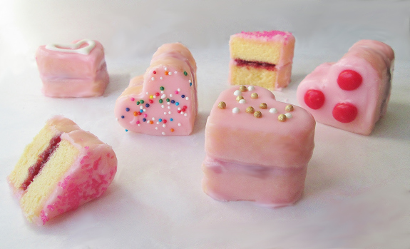 Heart Petit Fours with Raspberry Cordial Jam (you can change the filling flavor, if you have another favorite)