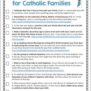 A free printable page featuring ten faith formation activities for Catholic families in January #CatholicKids #CatholicPrintables #CatholicFamilies