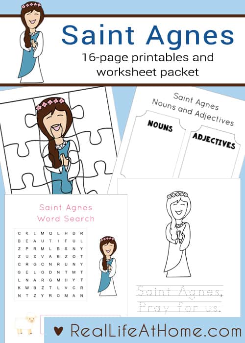 16-page Saint Agnes Printables and Worksheet Packet perfect for children in preschool through early elementary school