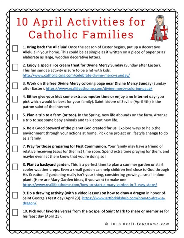 A free printable page that features 10 April Activities for Catholic Families to help your family have fun together while working on faith formation.