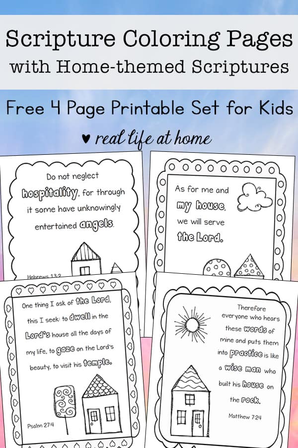 Free printable set of four home-themed Scripture coloring pages for kids (and adults)