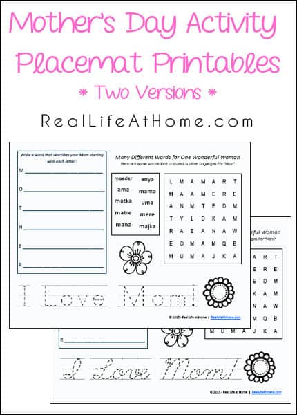 Free Printable Mother's Day Activity Placemats with Two Versions (Cursive and Printing) | RealLifeAtHome.com