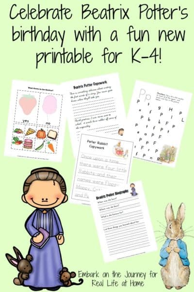 Celebrate Beatrix Potter's birthday with a free Beatrix Potter printables set for K-4. | reallifeathome.com