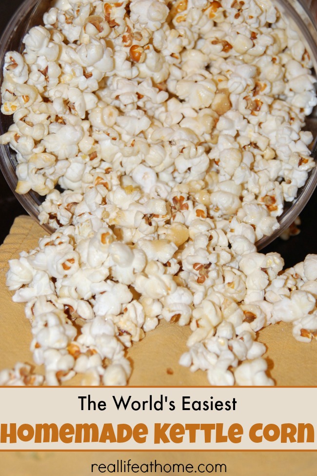 The world's easiest homemade kettle corn recipe!  This will quickly become a family favorite for movie nights and after school snacks.