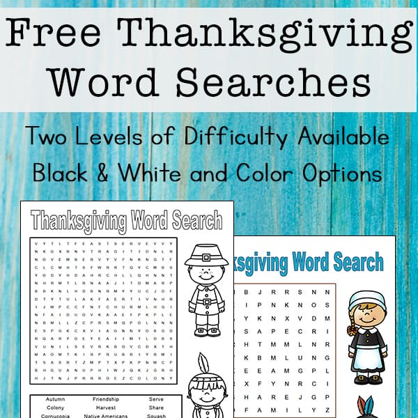 Free Thanksgiving Word Search Puzzle Printables {The download has two versions - an easier one and a harder one plus options for full color or black and white}